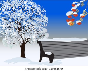 illustration with tree and bench under snow