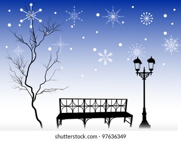 illustration with tree and bench under snowflakes