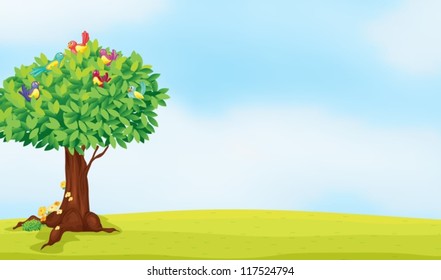 illustration of a tree and birds in a beautiful nature