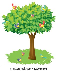 Illustration of a tree and birds on a white background