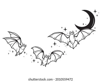 Illustration tree black bats and stars  Flying bats moon  Halloween  Magical bats  Drawing by hand  Tattoo  Drawing night creatures 