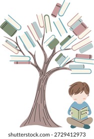 Illustration of a tree with books as leaves and branches, and a young boy sitting and reading a book.