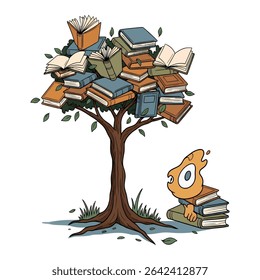 Uma ilustração de uma árvore com livros como folhas e uma criatura lendo livros na base.