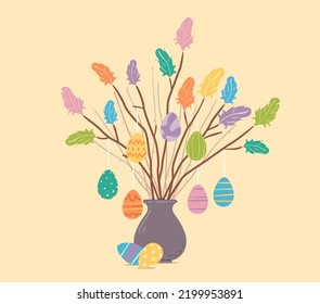 Illustration of Tree Branches Decorated with Easter Eggs and Feathers in a Vase for Easter Celebration in Sweden