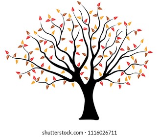 illustration of a tree with brown, yellow and red leaves