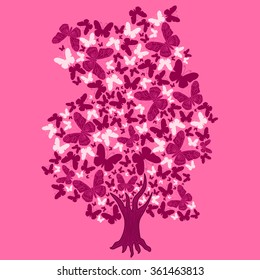 illustration tree of butterflies on pink background