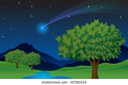 illustration of tree and comet in a dark night