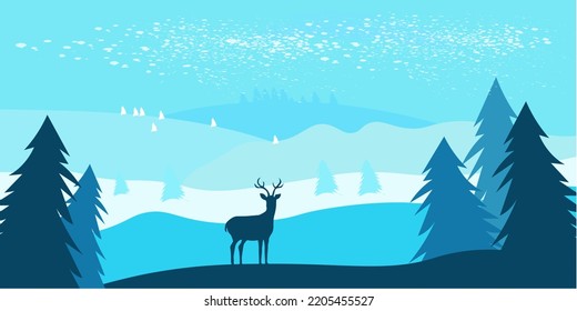 illustration tree deer animal nature forest background shadow snow blue wild life landscape fir tree scene winter doe wood mountain vector wilderness beautiful summer deer hill scenery