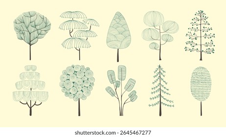 Illustration of tree designs, showcasing diverse tree shapes and patterns. Each tree is unique, highlighting creative tree illustrations and artistic styles. Botanical illustrations, vector set.