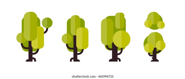 Illustration of a tree in flat style. Green leaf. Tree icon isolated on white background. Tree and bush set