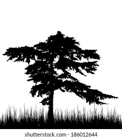Illustration tree and grass in silhouette are isolated on white background - vector