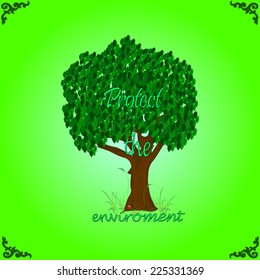 Illustration of tree in the grass, and text on a green background