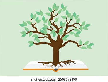 Illustration of a tree with green leaves emerging from an open book, symbolizing knowledge, growth, and education. Sustainability concept. Environmental knowledge