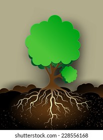 illustration tree with green leaves and roots.paper art style.