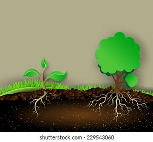  illustration of the tree with green leaves and roots.paper art style.