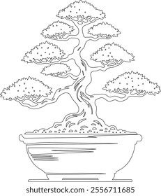Illustration of a tree grown in a pot using the bonsai technique, just lines
