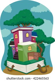 Illustration of a Tree House Made of Books