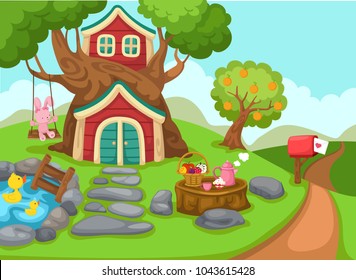  illustration of a tree house in rural landscape vector