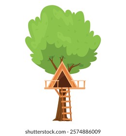 Illustration of a tree house set on a sturdy trunk that has a triangular roof and a wooden ladder, inviting children to explore and enjoy the natural surroundings.