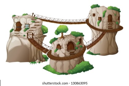 Illustration of the tree houses with hanging bridges on a white background