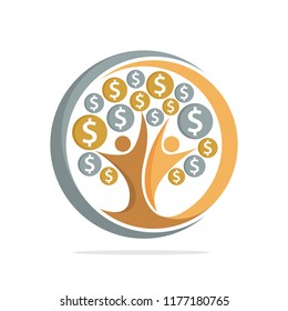 Illustration tree icon with the concept of human togetherness, which reaches the dollar coin