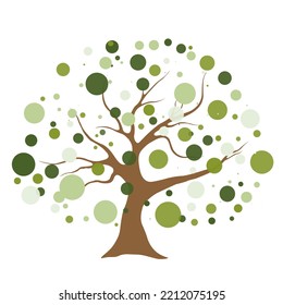 Illustration tree icon with the concept of human togetherness reaching for a colorful dot. simple stylized tree with green leaves sliced