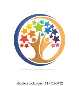 Illustration tree icon with the concept of togetherness of humans reaching for the stars