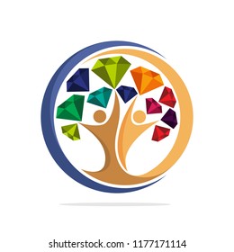 Illustration tree icon with the concept of togetherness of humans reaching for colorful gemstones