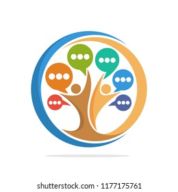 Illustration tree icon with human togetherness concept that reaches colorful speech bubbles