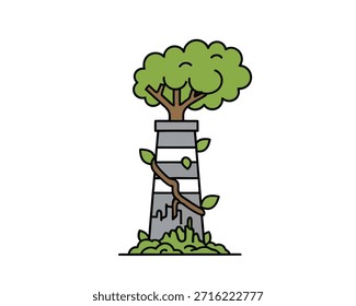 Illustration of tree and industrial machine representing balance between nature and industry.