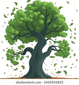 Illustration of a tree with leaves falling on the ground.