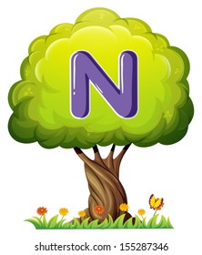 Illustration of a tree with a letter N on a white background