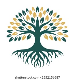 ilustração de uma árvore da vida com folhas douradas e raízes formando um design de logotipo cruzado