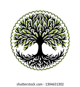 Illustration, Tree of life, world tree with leaves, Yggdrasil, Norse mythology, Celtic symbol, round frame, black, green, vector, isolated, white background