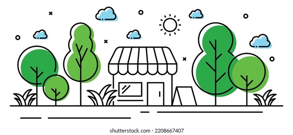 Illustration tree in line style with store building