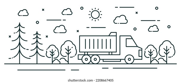 Illustration tree in line style with truck