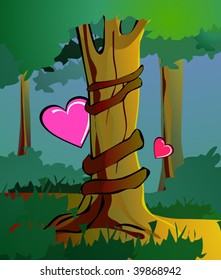 Illustration of tree with love symbols and background	