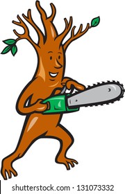 Illustration of tree man arborist tree surgeon lumberjack holding chainsaw done in cartoon style.