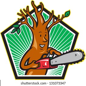 Illustration of tree man arborist tree surgeon lumberjack holding chainsaw done in cartoon style.