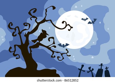 Illustration with tree and Moon for Halloween