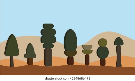 illustration of a tree with a mountainous background, suitable for room decoration, web design, cover and so on