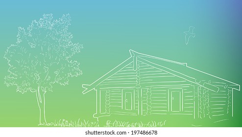 illustration with tree near country house on light background