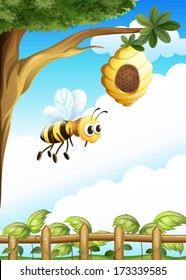 Illustration of a tree near the fence with a beehive and a bee