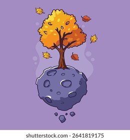 Illustration of a tree on a asteroid with falling autumn leaves.