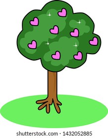 Illustration of a tree with pink hearts and stars. Growing love. Abstract plant. Vector