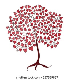 Illustration of a tree with red hearts instead leafs on white background