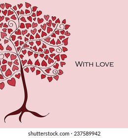 Illustration of a tree with red hearts instead leafs with text "with love" on pink background