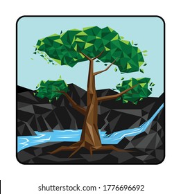 illustration of tree and river using low poly art style