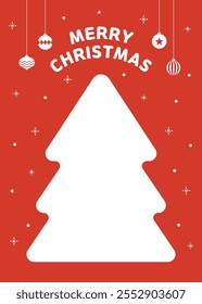 Illustration of a tree shaped blank frame on a snow pattern and ornament decoration background in Christmas concept.