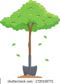 Illustration of a Tree with Shovel as Trunk for Digging Soil. Arbor Day. Tree Planting Concept